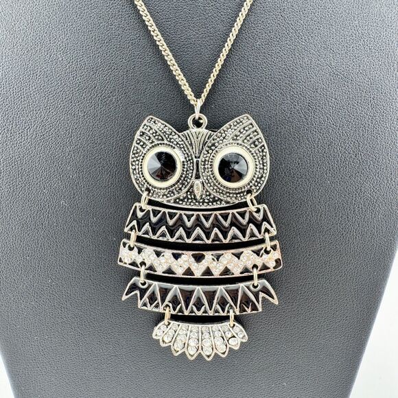 Vintage Art Deco Style Owl Pendant Necklace – Black Enamel & Rhinestone Long - Picture 6 of 13
